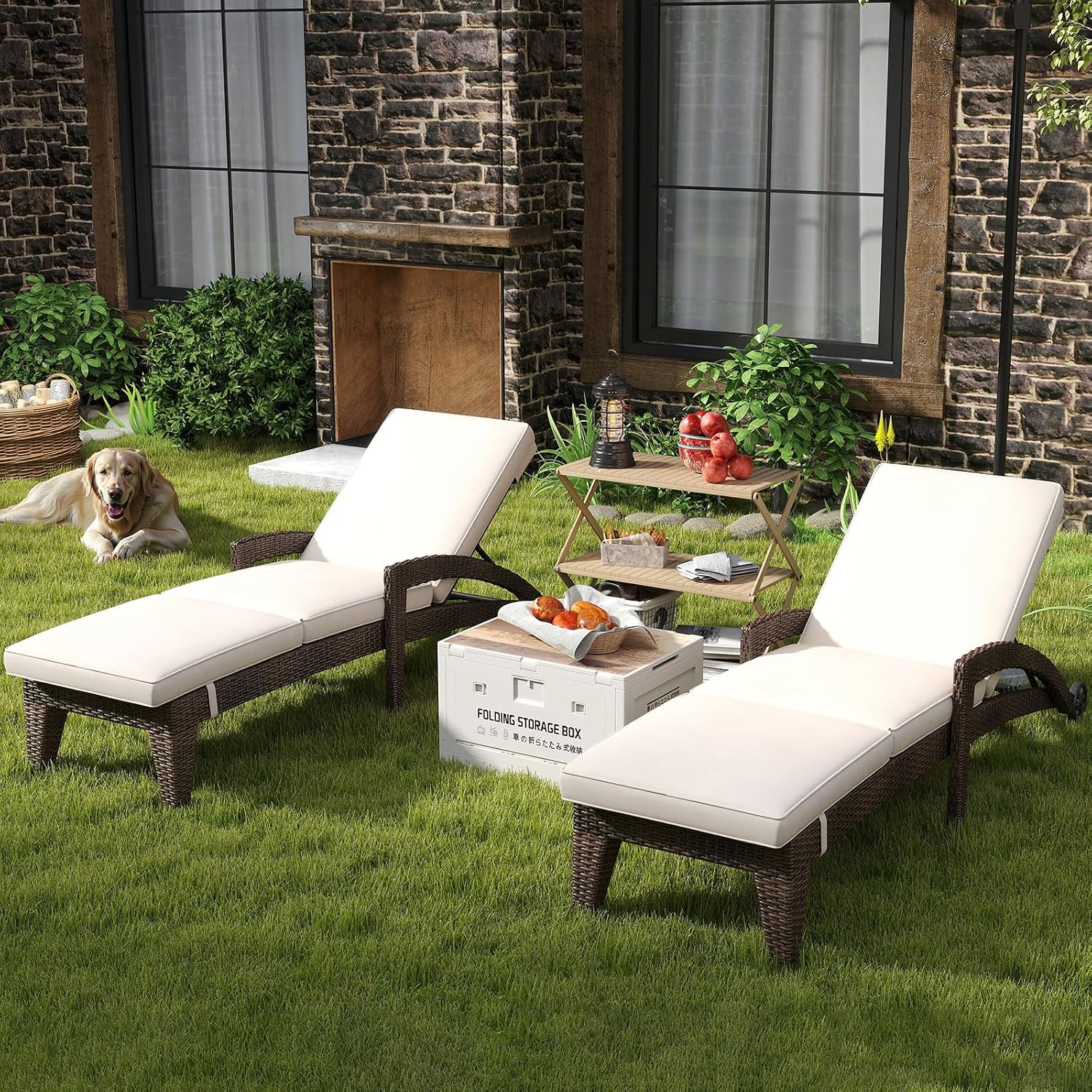 2 Khaki Wheeled Wicker Pool Lounges