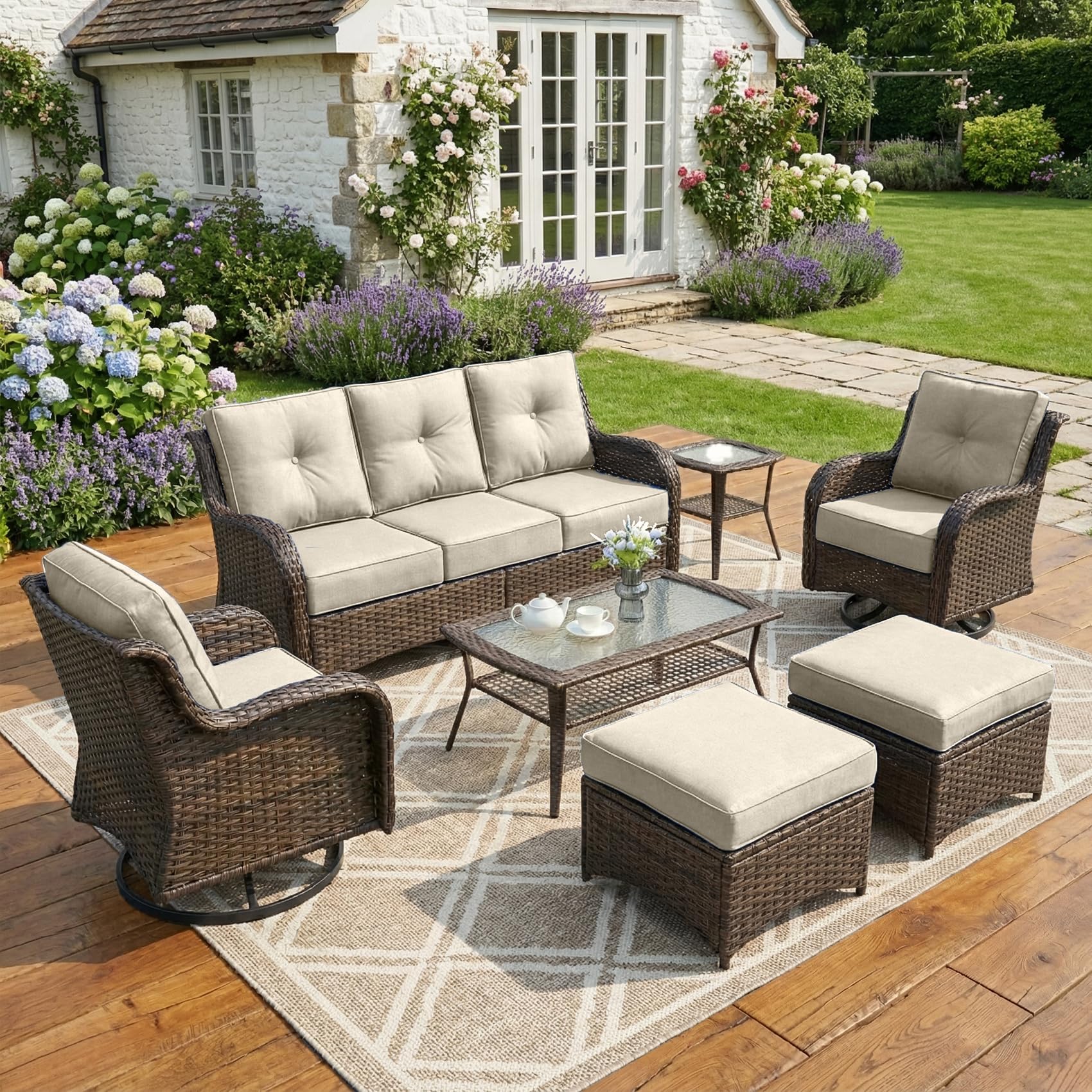 Patio Furniture Set, 3PCS Outdoor Wicker Conversation Set Porch Furniture with 6" Thick Cushions, High Back Swivel Chairs, Weather Resistant Olefin Fabric for Garden, Poolside, Navy Blue