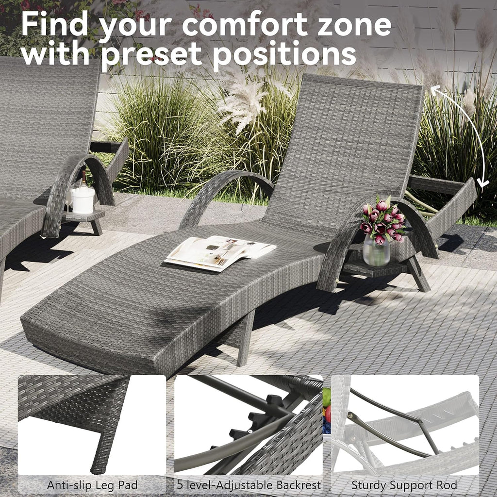 Outdoor Wicker Chaise Lounge Chairs Set of 2, 80'' Patio Rattan Reclining Chair w/Pull-Out Side Table &5-Level Adjustable Backrest Ergonomic Wave Design Pool Sunbathing Recliners, Gray
