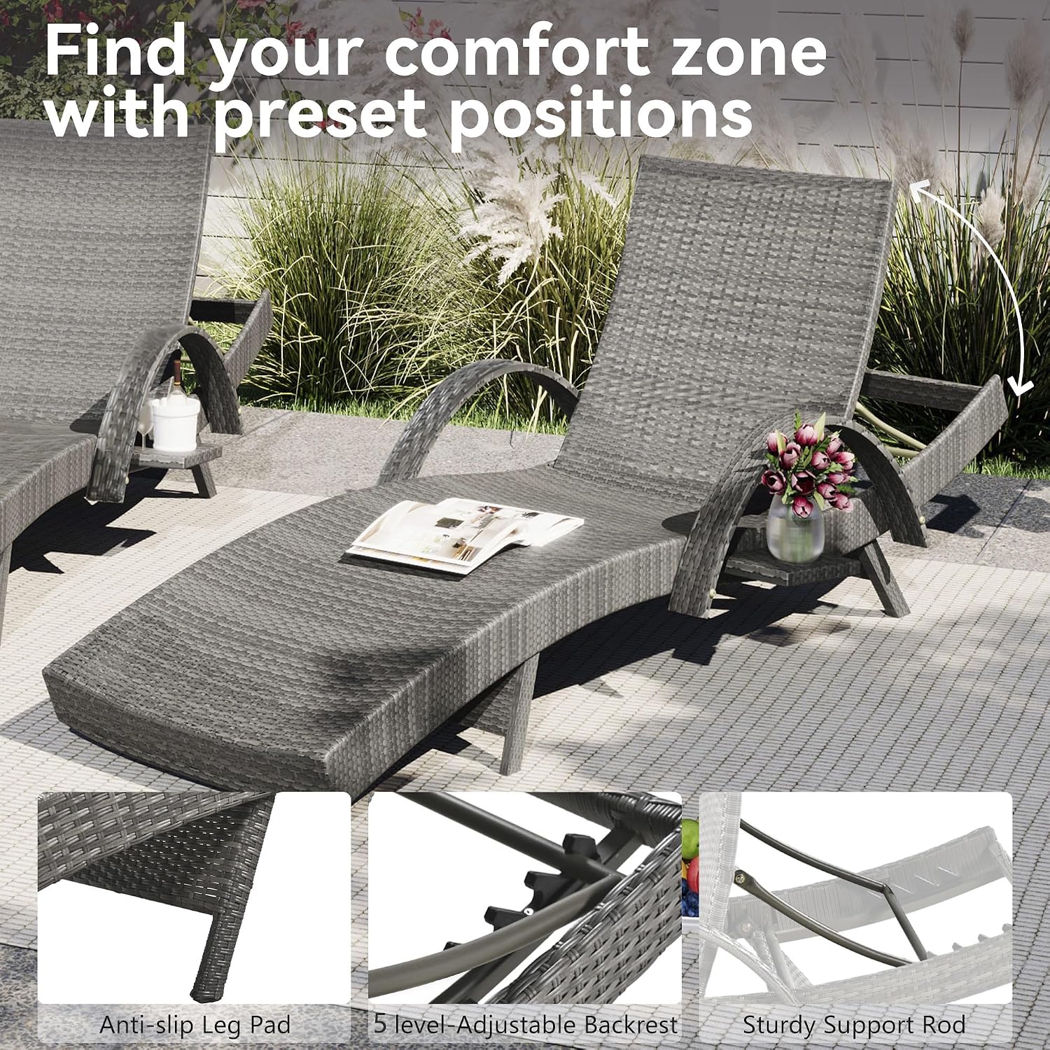 Outdoor Wicker Chaise Lounge Chairs Set of 2, 80'' Patio Rattan Reclining Chair w/Pull-Out Side Table &5-Level Adjustable Backrest Ergonomic Wave Design Pool Sunbathing Recliners, Gray