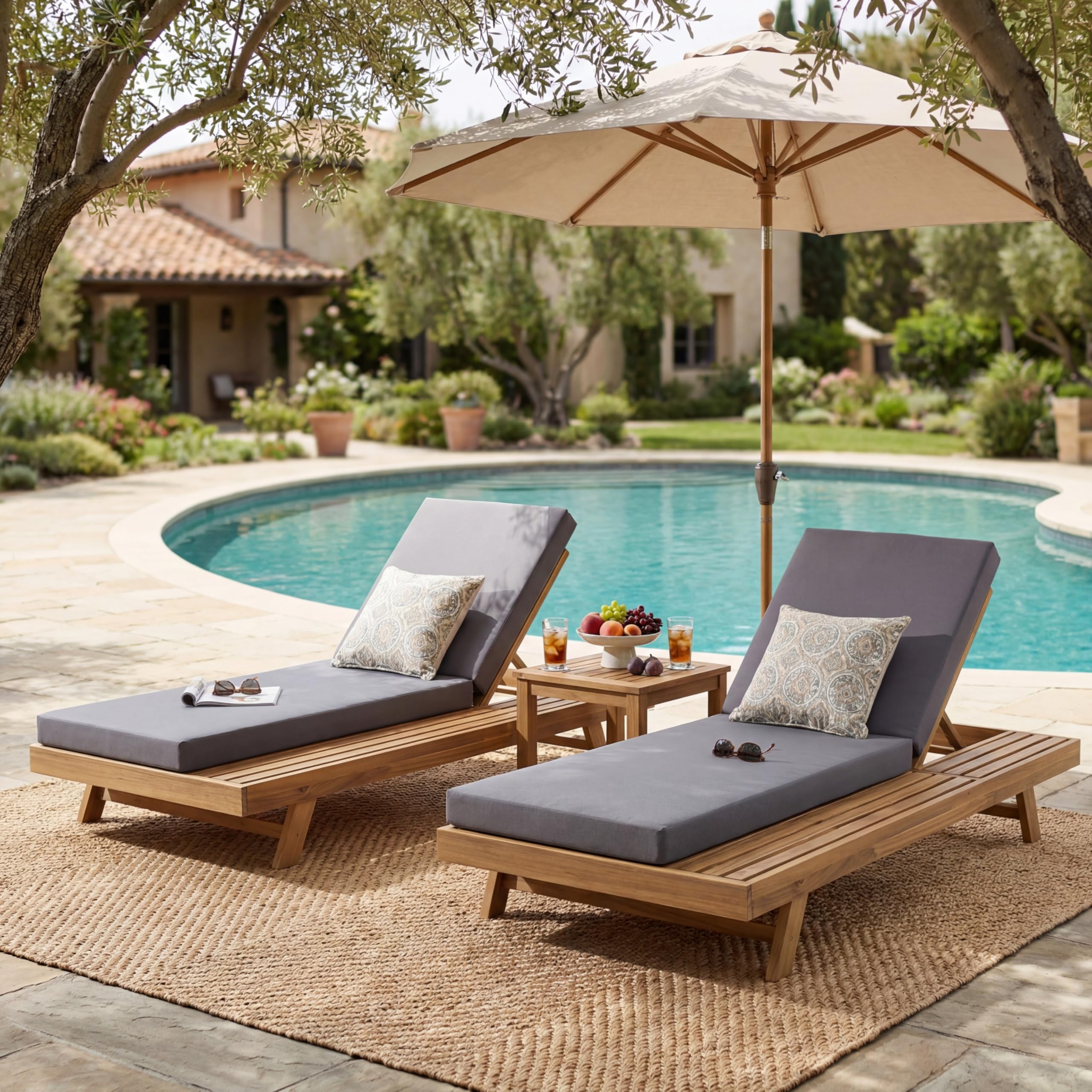 Outdoor Wicker Chaise Lounge Chairs Set of 2, 80'' Patio Rattan Reclining Chair w/Pull-Out Side Table &5-Level Adjustable Backrest Ergonomic Wave Design Pool Sunbathing Recliners, Gray