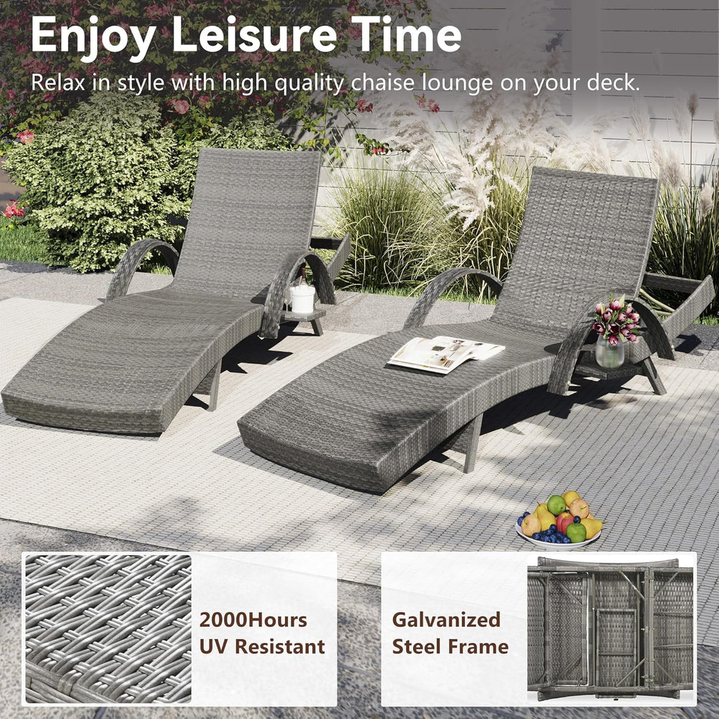Set of 2 Reclining Chaise Lounge with Pull-Out Side Table, 80'' Outdoor Wicker Lounge Chairs Adjustable Backrest Patio Rattan Recliner for Garden Pool Beach Deck Sunbathing (Grey)