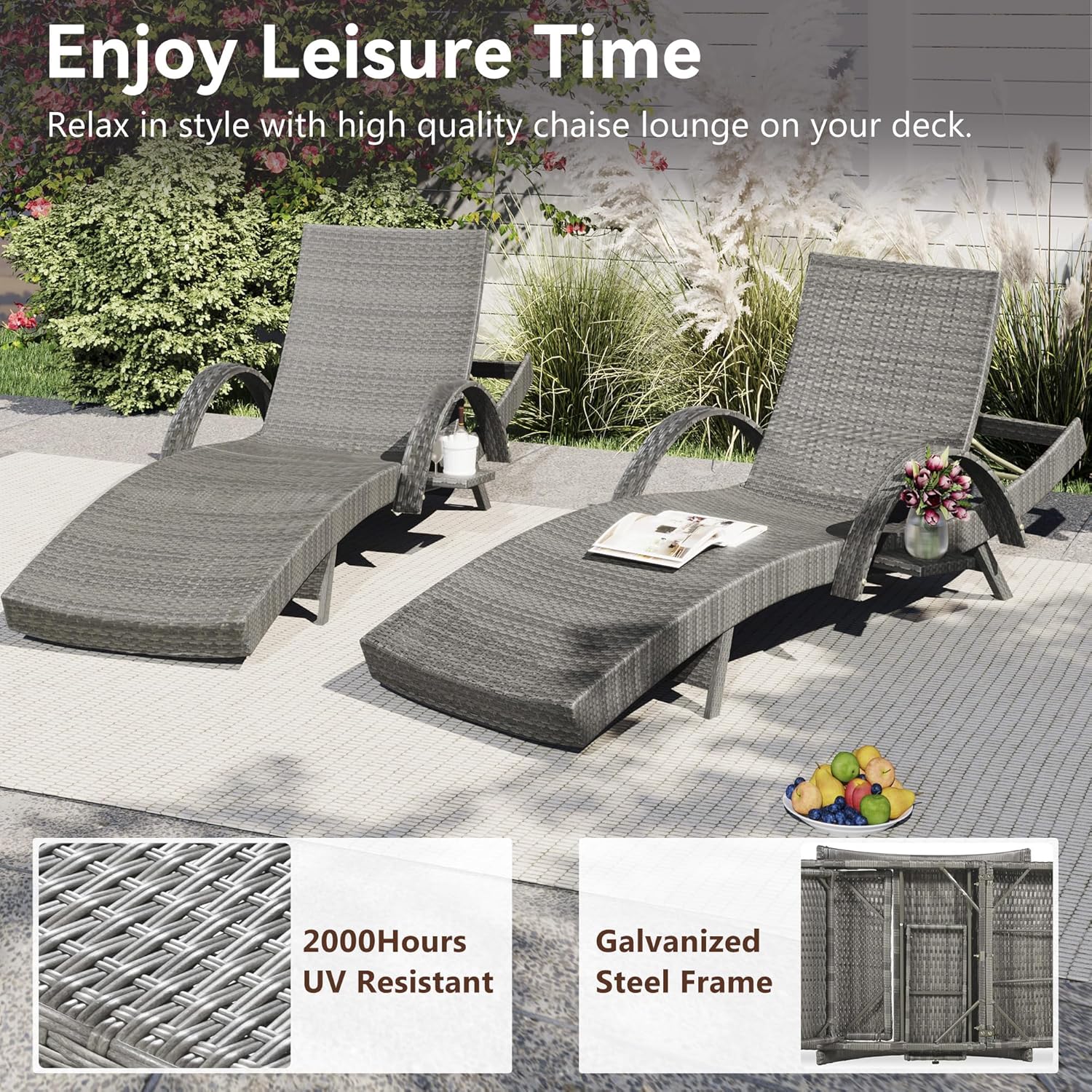 Set of 2 Reclining Chaise Lounge with Pull-Out Side Table, 80'' Outdoor Wicker Lounge Chairs Adjustable Backrest Patio Rattan Recliner for Garden Pool Beach Deck Sunbathing (Grey)