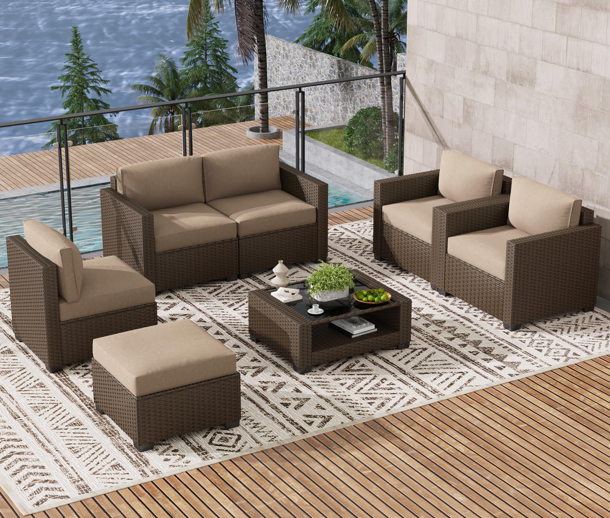 LOUVIXA 7 Piece Outdoor Patio Furniture Set, Rattan Chairs Glass Table Wicker Conversation Seating Sectional Sofa with Cushions (Brown-Navy, 7Pcs-2 Layer Coffee Table)