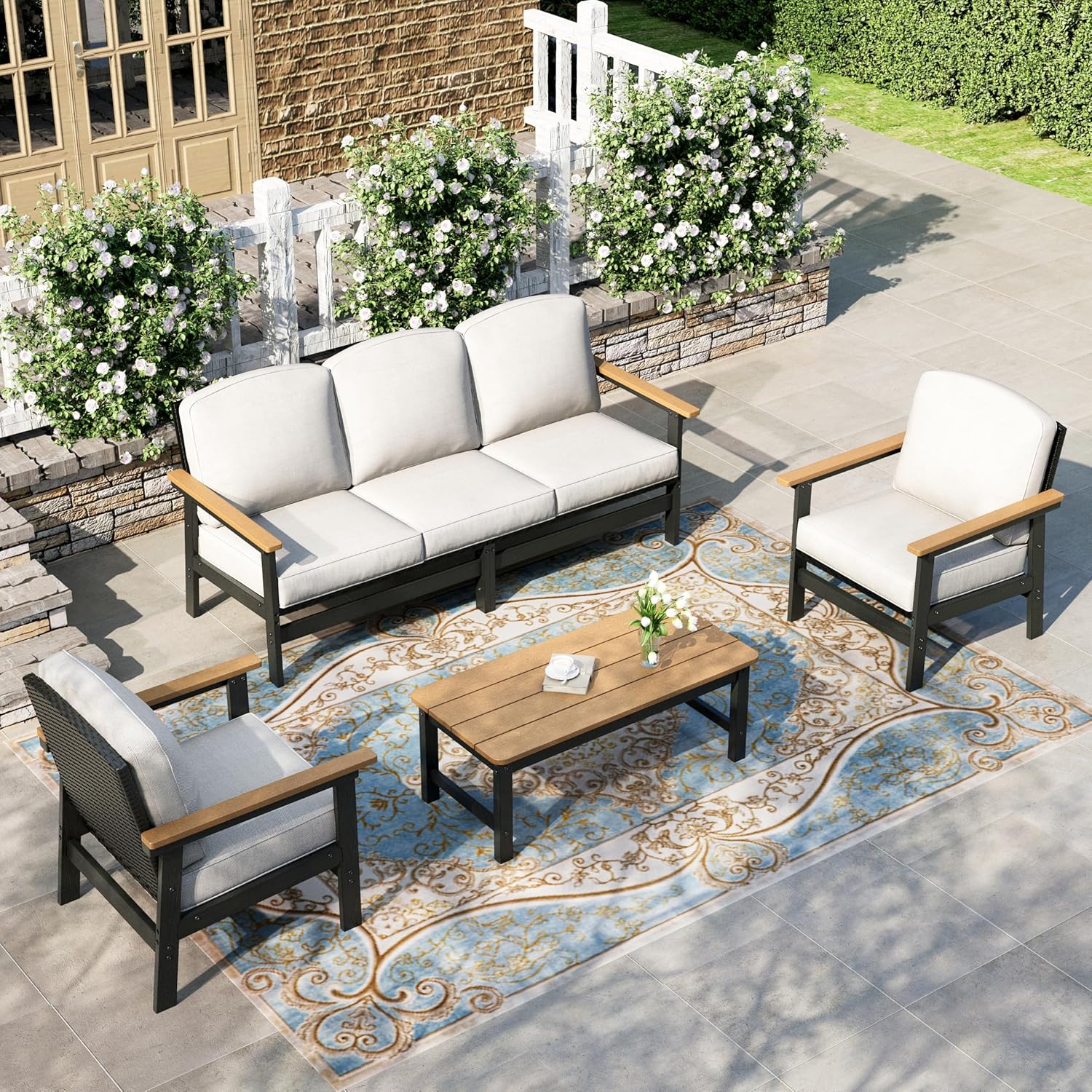 4pc Wicker Patio Set with Wood Table