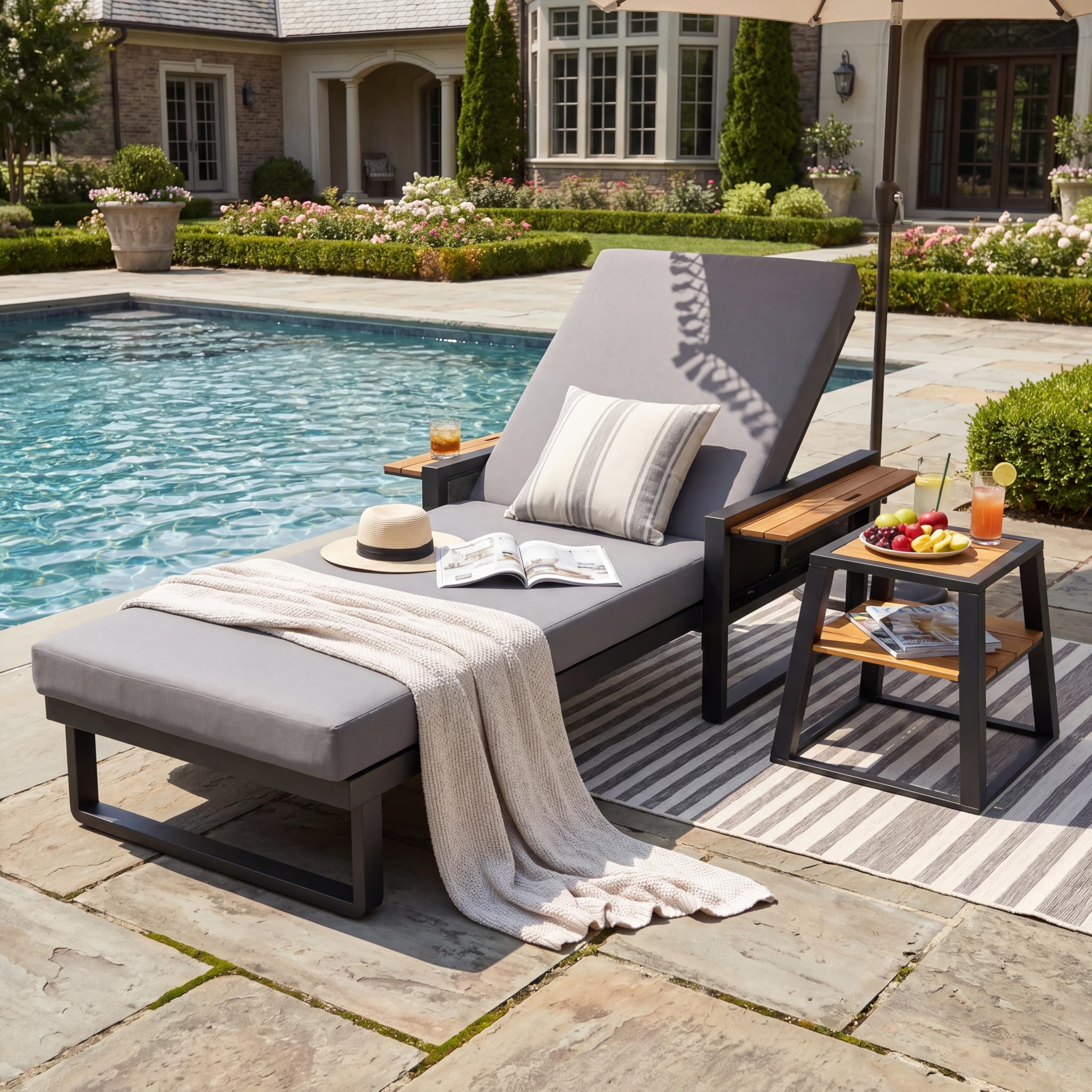 Outdoor Wicker Chaise Lounge Chairs Set of 2, 80'' Patio Rattan Reclining Chair w/Pull-Out Side Table &5-Level Adjustable Backrest Ergonomic Wave Design Pool Sunbathing Recliners, Gray