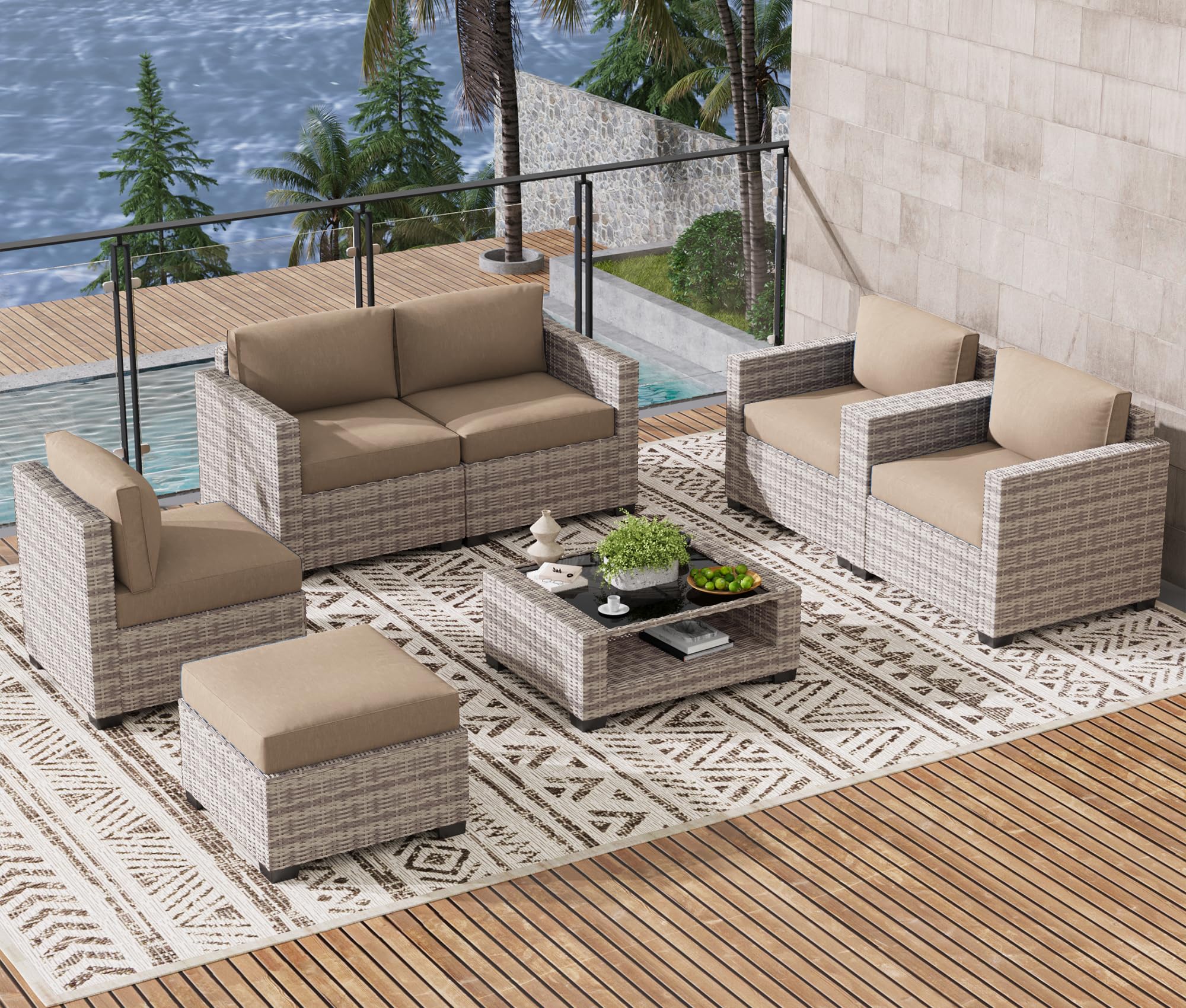 LOUVIXA 7 Piece Outdoor Patio Furniture Set, Rattan Chairs Glass Table Wicker Conversation Seating Sectional Sofa with Cushions (Brown-Navy, 7Pcs-2 Layer Coffee Table)