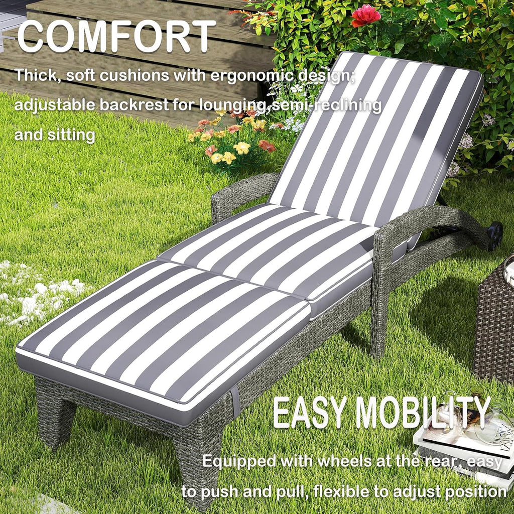Patio Chaise Lounger Set of 2, Outdoor Lounger Patio Chairs, Heavy Duty Lounge Chairs Outdoor, Chaise Lounges for Resort, Backyard, Deck, Poolside, Garden, Grey Stripe