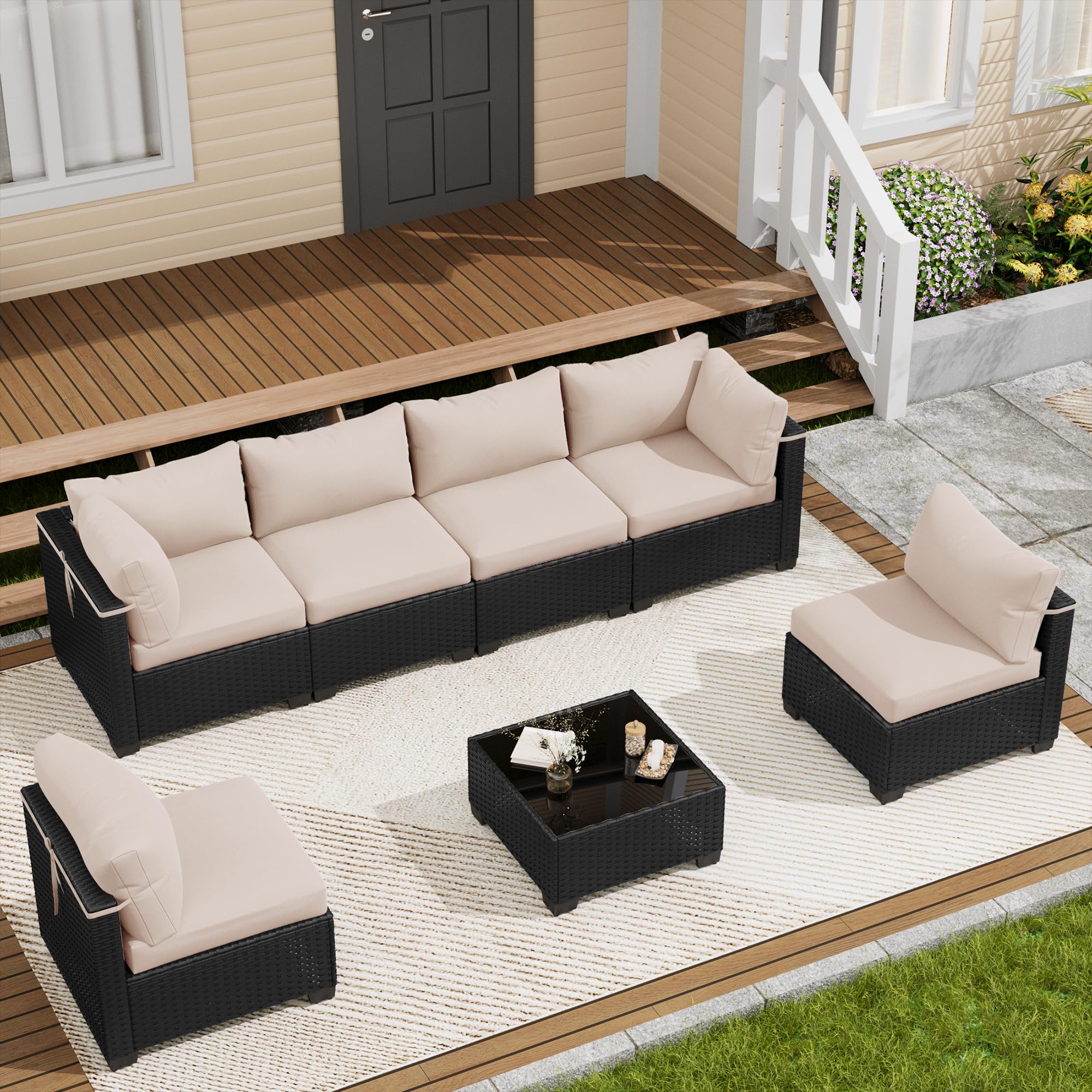 LOUVIXA 7 Piece Outdoor Patio Furniture Set, Rattan Chairs Glass Table Wicker Conversation Seating Sectional Sofa with Cushions (Brown-Navy, 7Pcs-2 Layer Coffee Table)