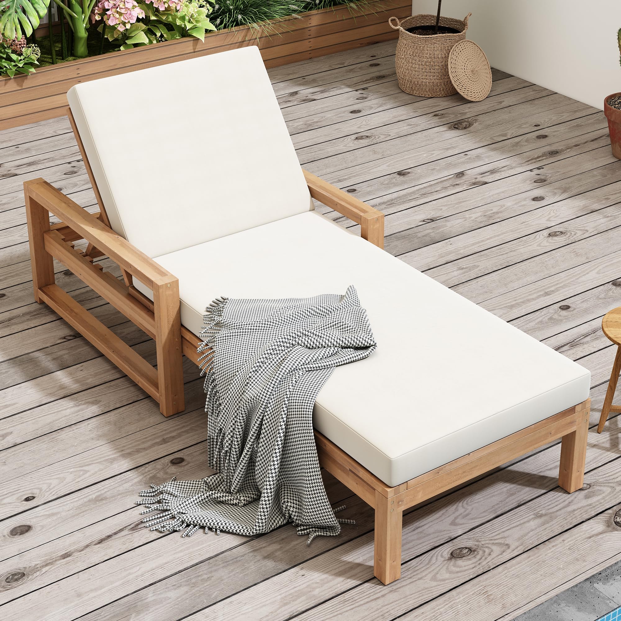 Outdoor Wicker Chaise Lounge Chairs Set of 2, 80'' Patio Rattan Reclining Chair w/Pull-Out Side Table &5-Level Adjustable Backrest Ergonomic Wave Design Pool Sunbathing Recliners, Gray