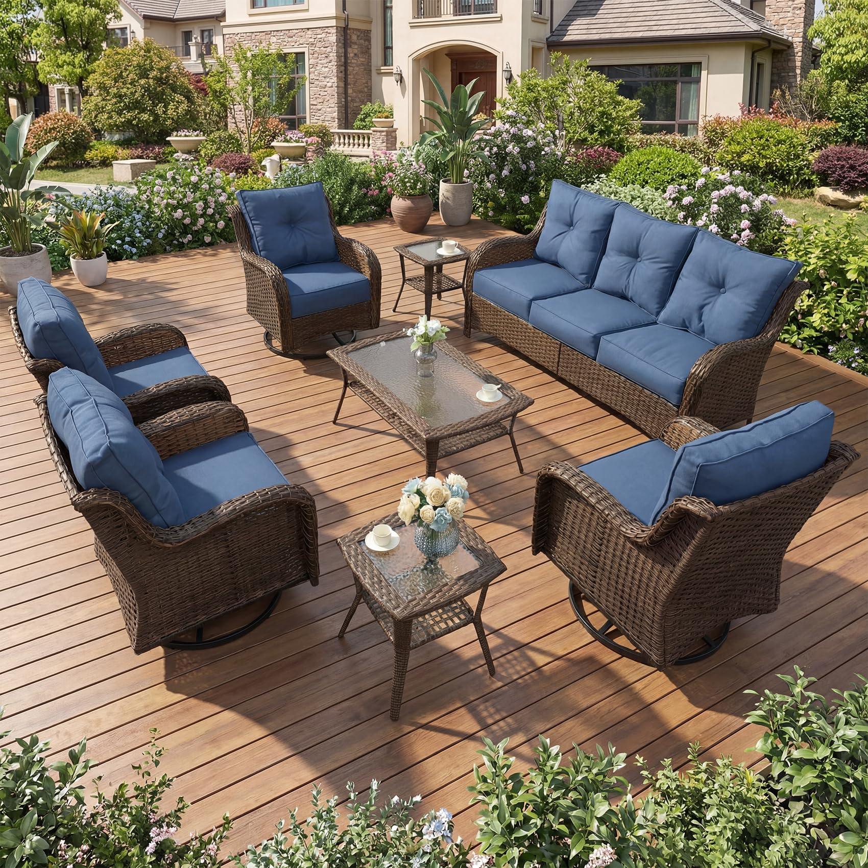 Patio Furniture Set, 3PCS Outdoor Wicker Conversation Set Porch Furniture with 6" Thick Cushions, High Back Swivel Chairs, Weather Resistant Olefin Fabric for Garden, Poolside, Navy Blue