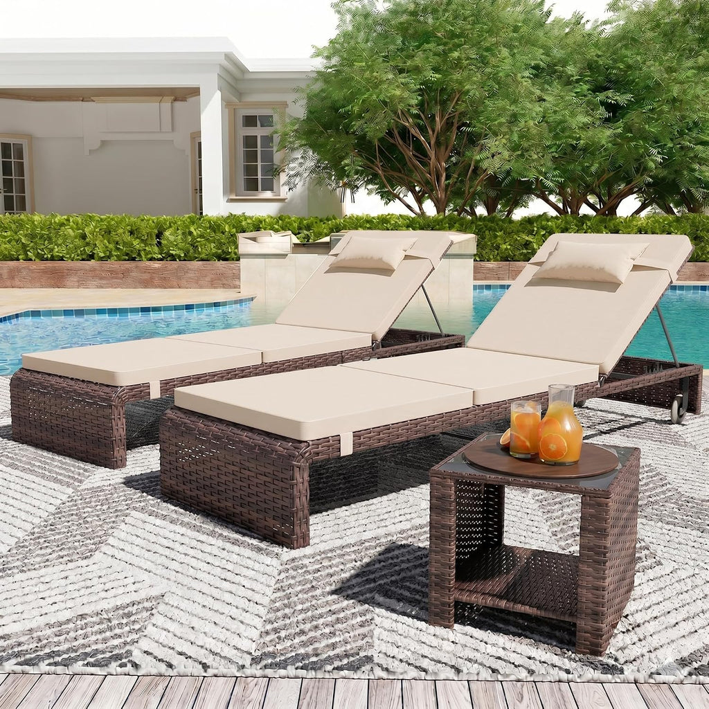 3 Pieces Chaise Lounge Set, Modern Outdoor Patio Furniture with Adjustable Backrest & Side Table, Durable PE Wicker, Weather Resistant Cushions, Beige