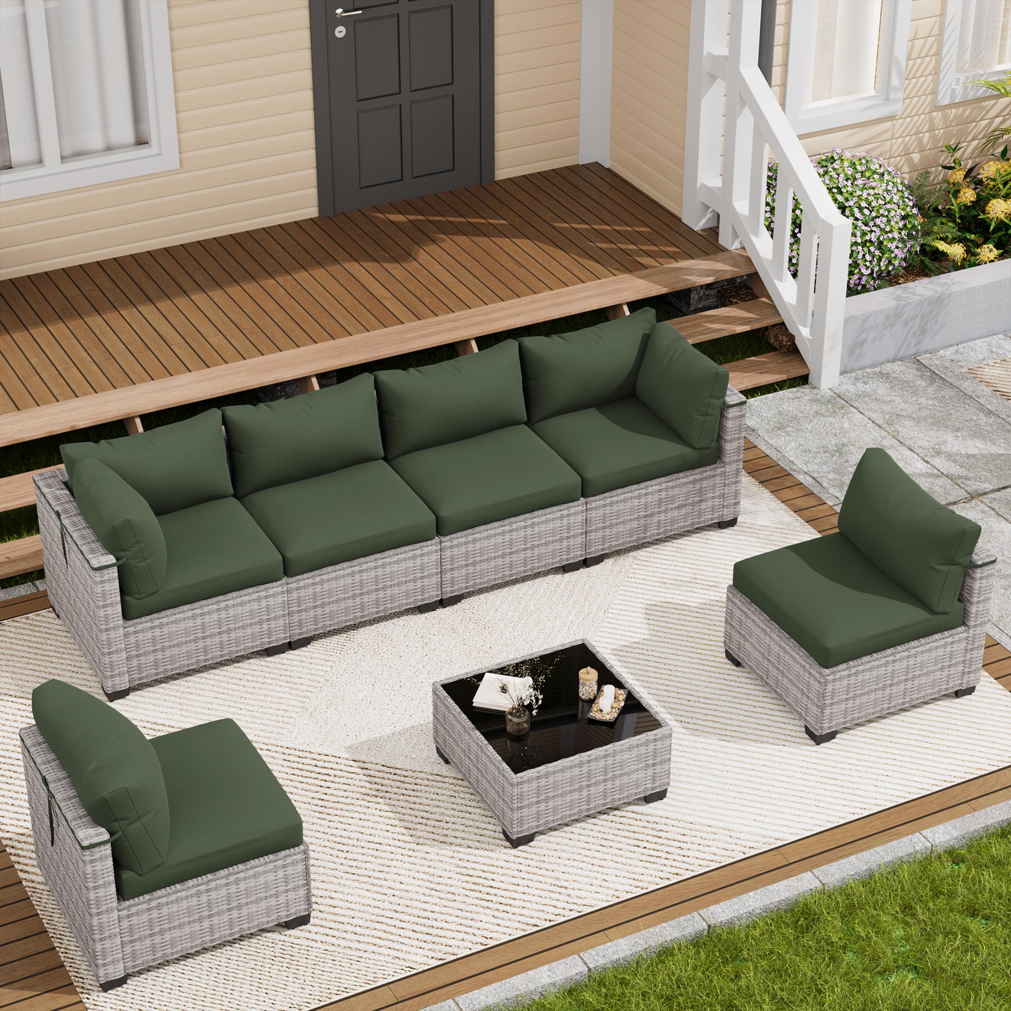 LOUVIXA 7 Piece Outdoor Patio Furniture Set, Rattan Chairs Glass Table Wicker Conversation Seating Sectional Sofa with Cushions (Brown-Navy, 7Pcs-2 Layer Coffee Table)