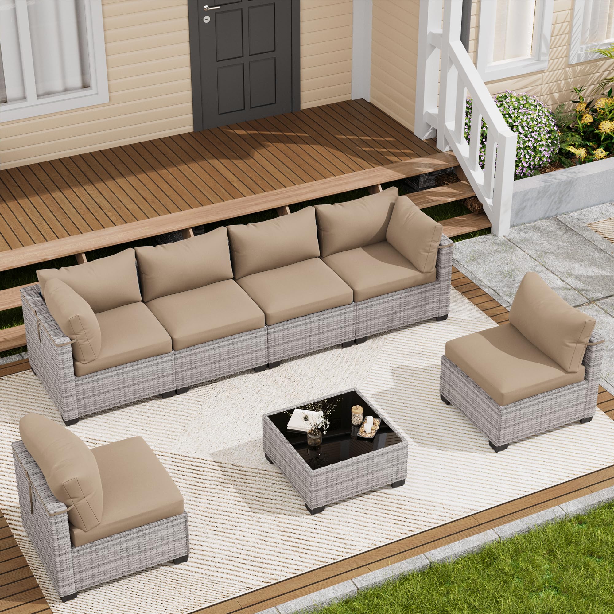 LOUVIXA 7 Piece Outdoor Patio Furniture Set, Rattan Chairs Glass Table Wicker Conversation Seating Sectional Sofa with Cushions (Brown-Navy, 7Pcs-2 Layer Coffee Table)