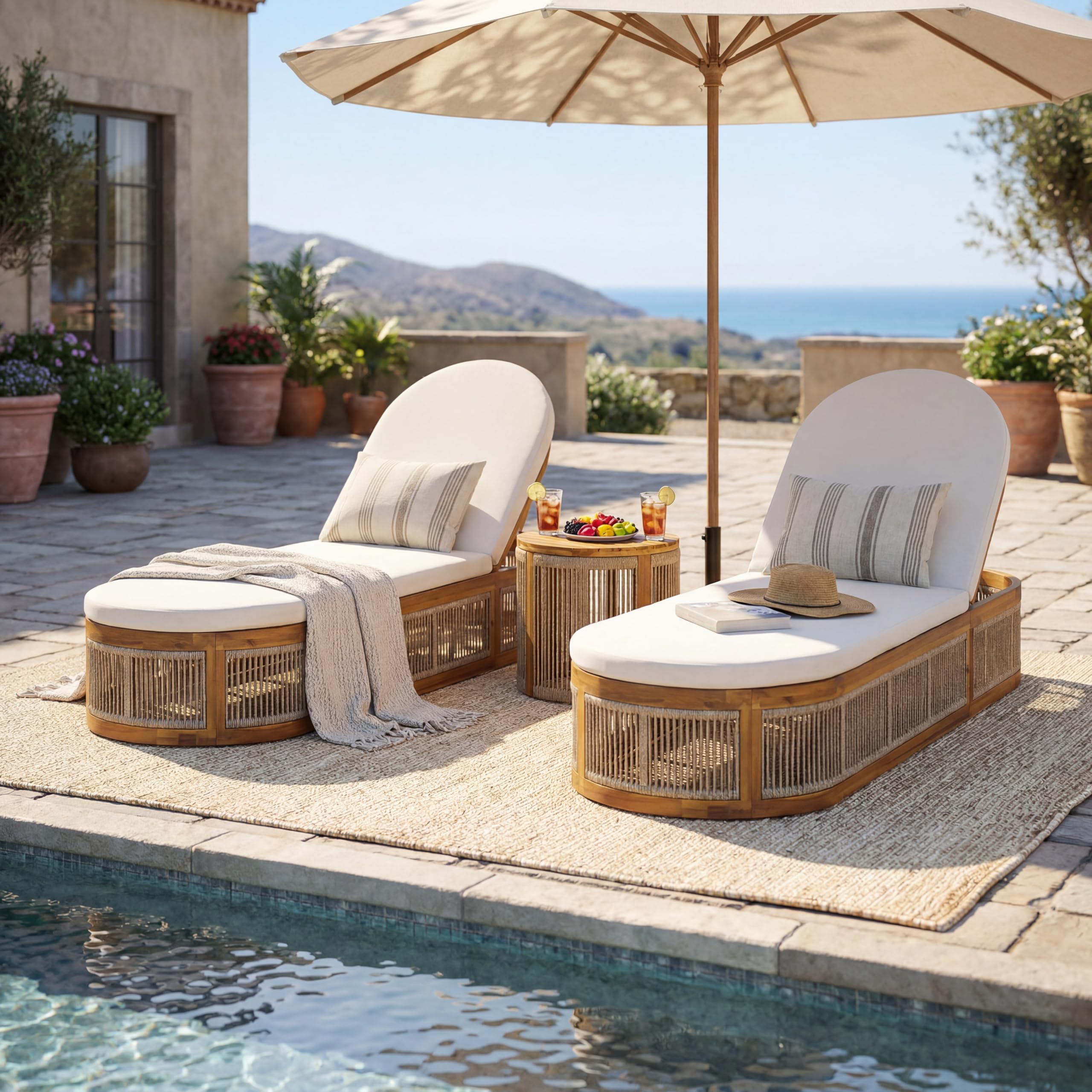 Outdoor Wicker Chaise Lounge Chairs Set of 2, 80'' Patio Rattan Reclining Chair w/Pull-Out Side Table &5-Level Adjustable Backrest Ergonomic Wave Design Pool Sunbathing Recliners, Gray