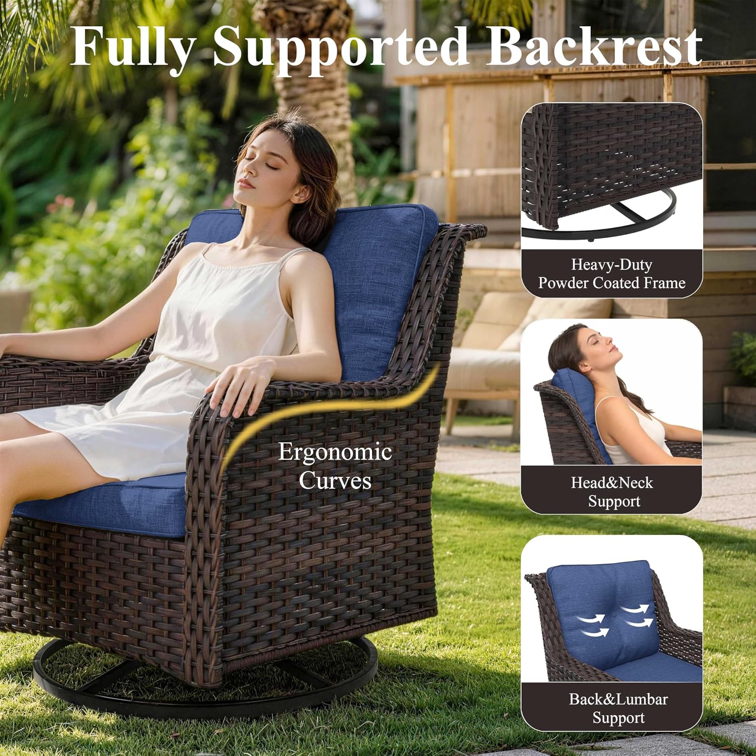Dark Blue 8-Piece Wicker Patio Sectional Set with Swivel Chairs