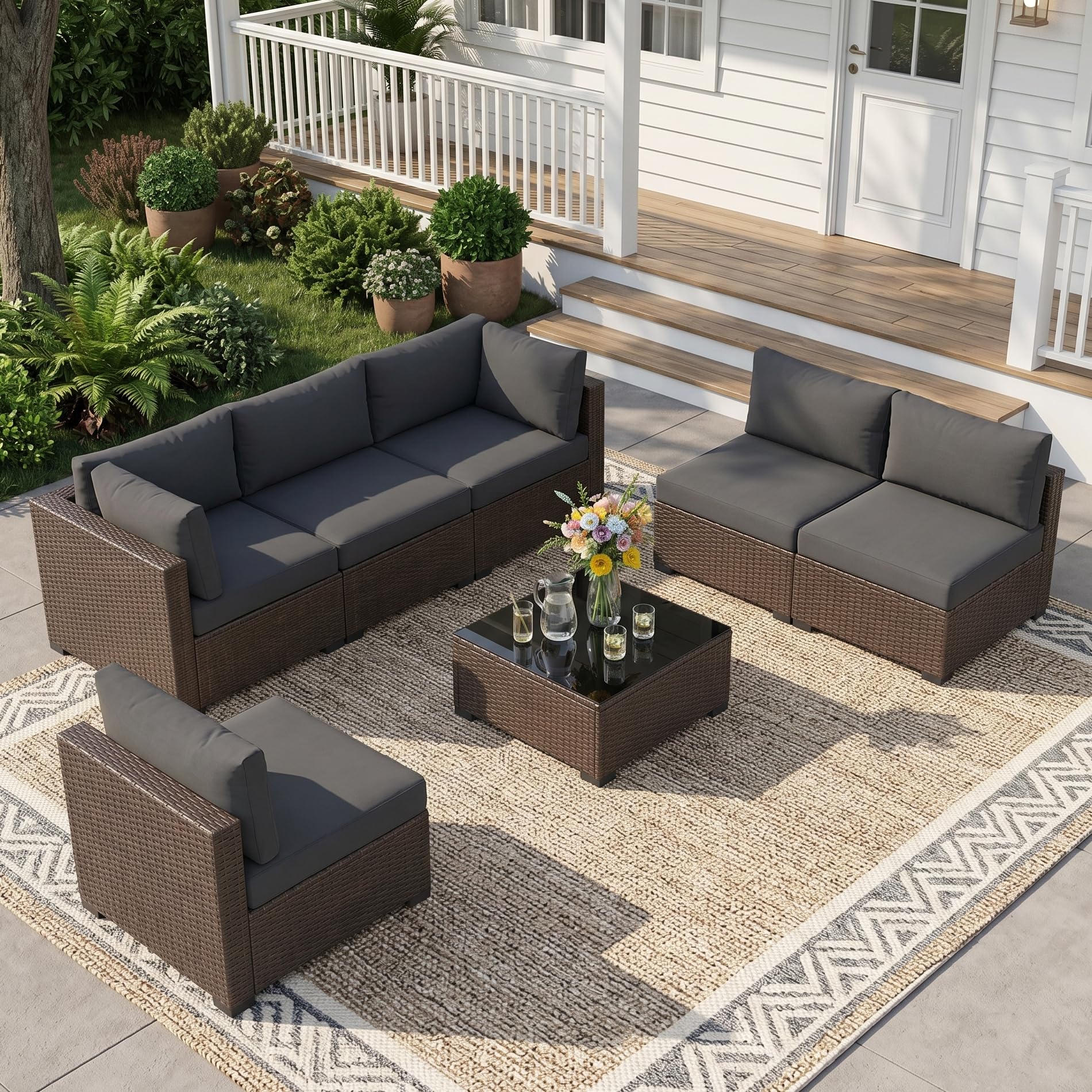 LOUVIXA 7 Piece Outdoor Patio Furniture Set, Rattan Chairs Glass Table Wicker Conversation Seating Sectional Sofa with Cushions (Brown-Navy, 7Pcs-2 Layer Coffee Table)