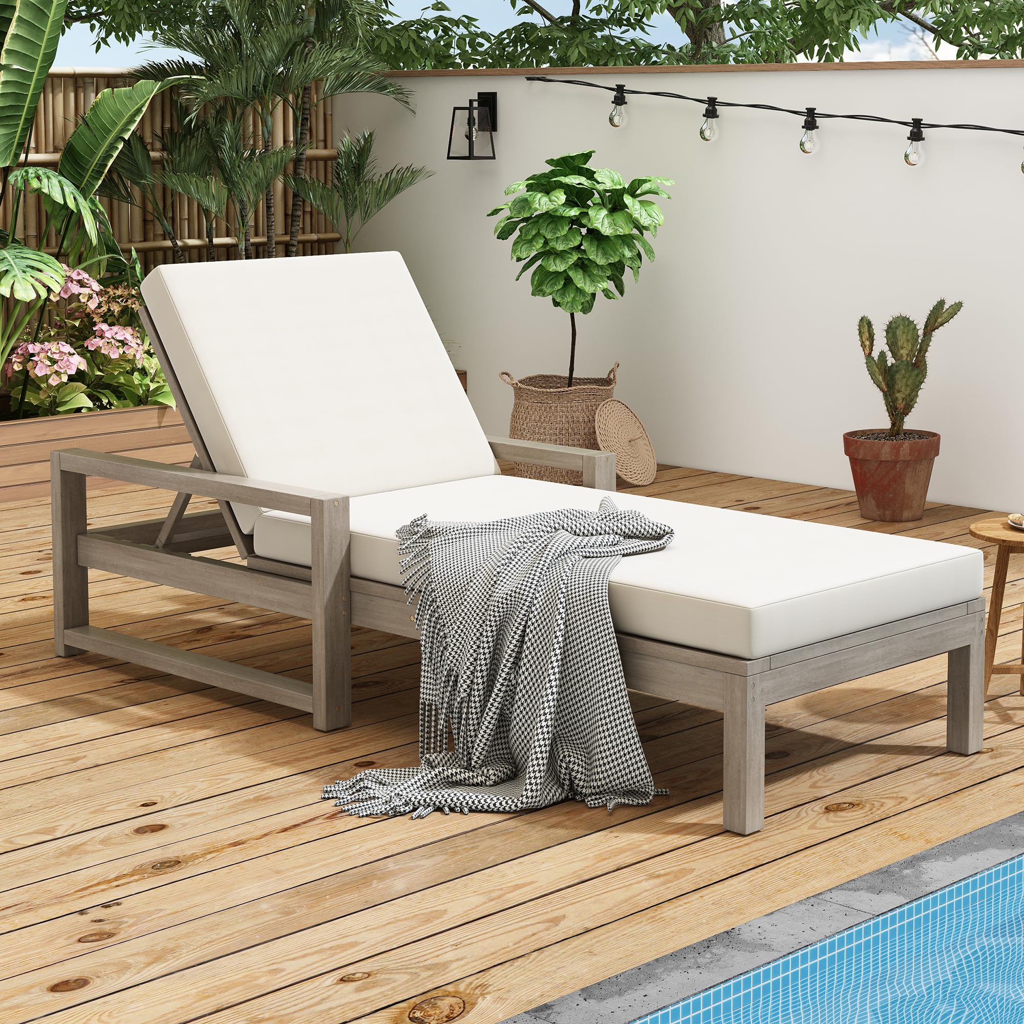 Outdoor Wicker Chaise Lounge Chairs Set of 2, 80'' Patio Rattan Reclining Chair w/Pull-Out Side Table &5-Level Adjustable Backrest Ergonomic Wave Design Pool Sunbathing Recliners, Gray