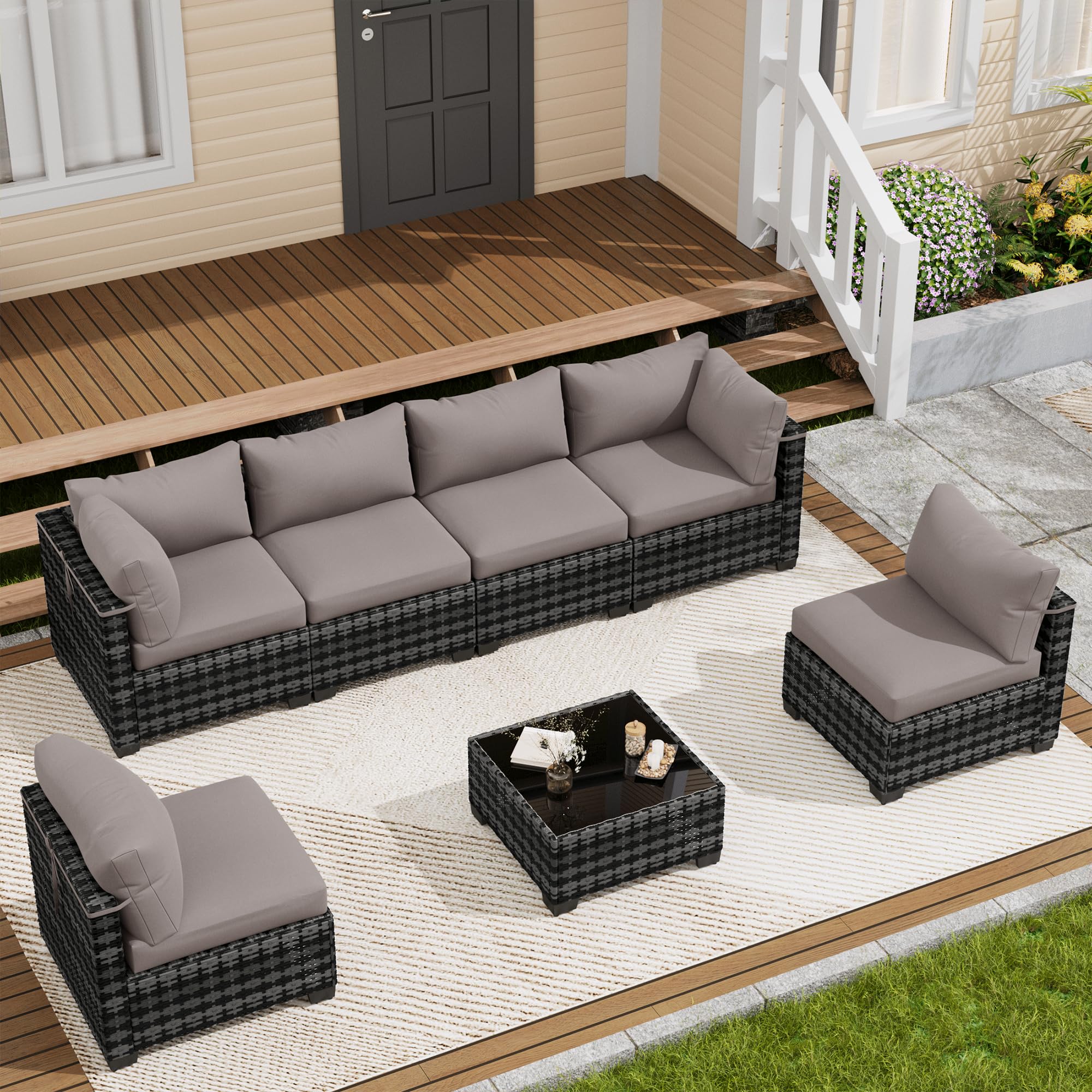 LOUVIXA 7 Piece Outdoor Patio Furniture Set, Rattan Chairs Glass Table Wicker Conversation Seating Sectional Sofa with Cushions (Brown-Navy, 7Pcs-2 Layer Coffee Table)