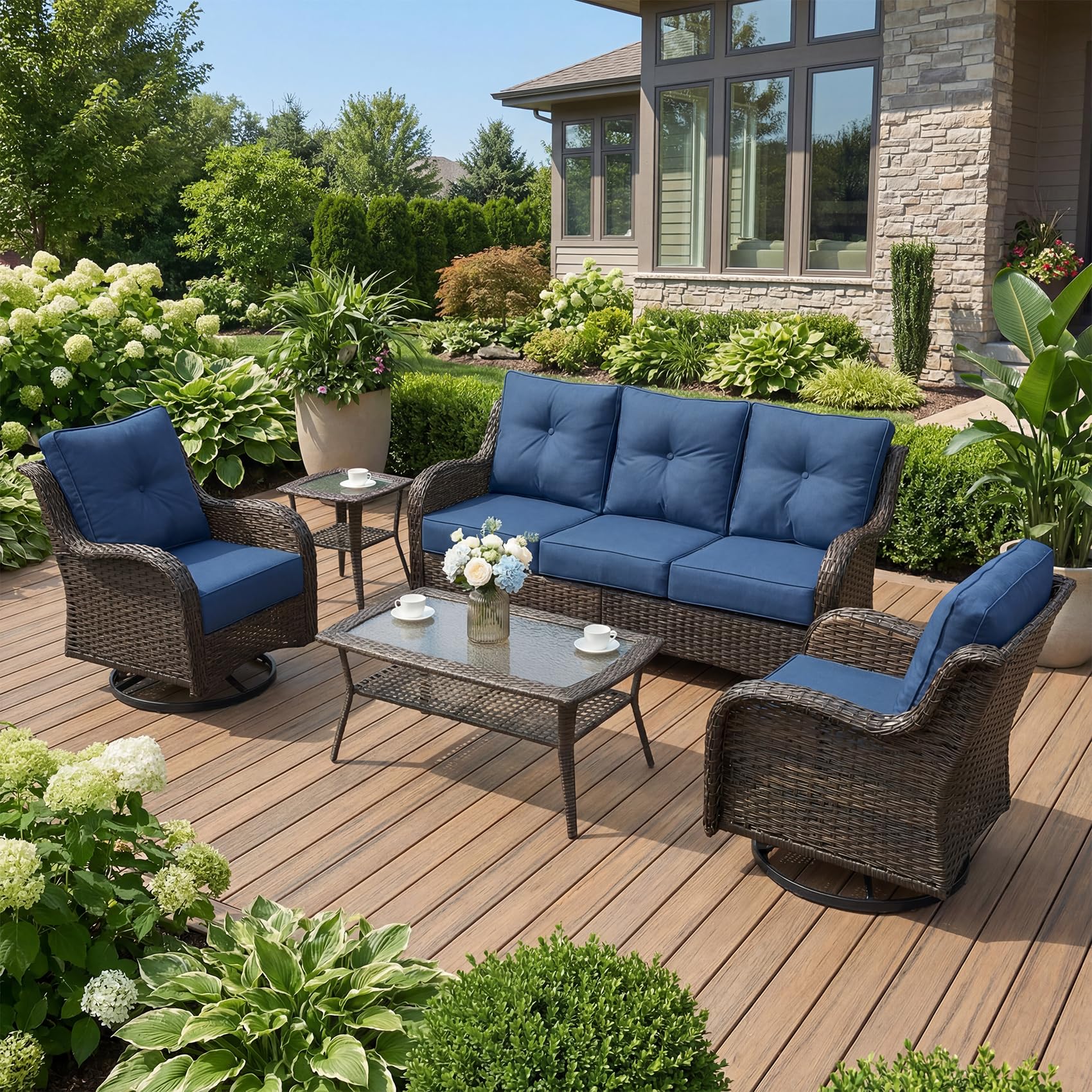 Patio Furniture Set, 3PCS Outdoor Wicker Conversation Set Porch Furniture with 6" Thick Cushions, High Back Swivel Chairs, Weather Resistant Olefin Fabric for Garden, Poolside, Navy Blue