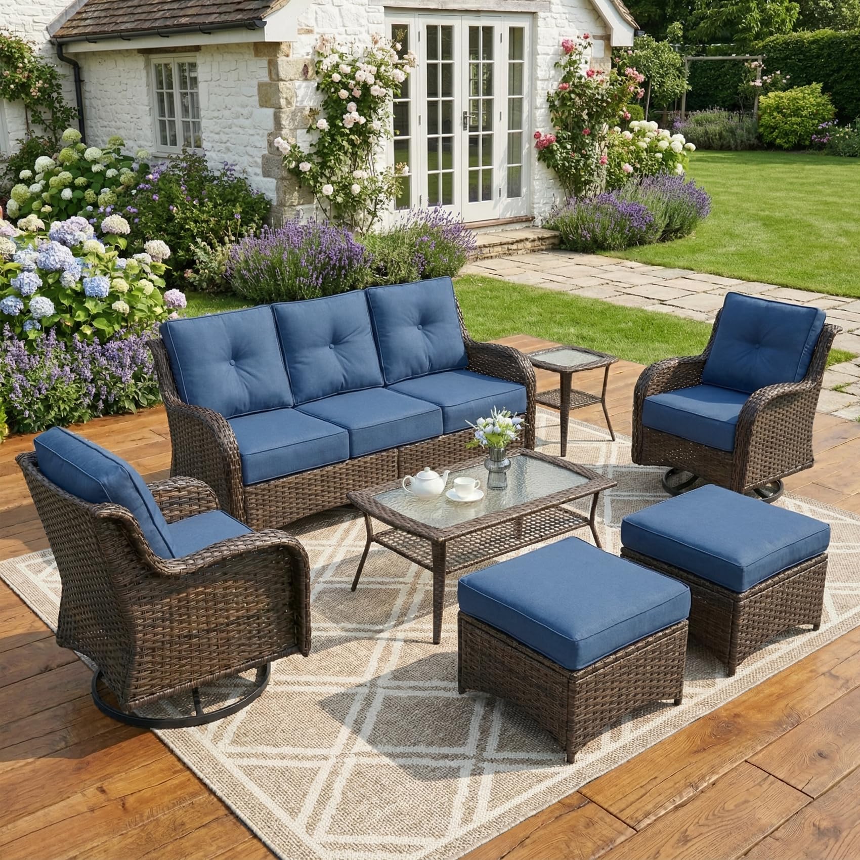 Patio Furniture Set, 3PCS Outdoor Wicker Conversation Set Porch Furniture with 6" Thick Cushions, High Back Swivel Chairs, Weather Resistant Olefin Fabric for Garden, Poolside, Navy Blue