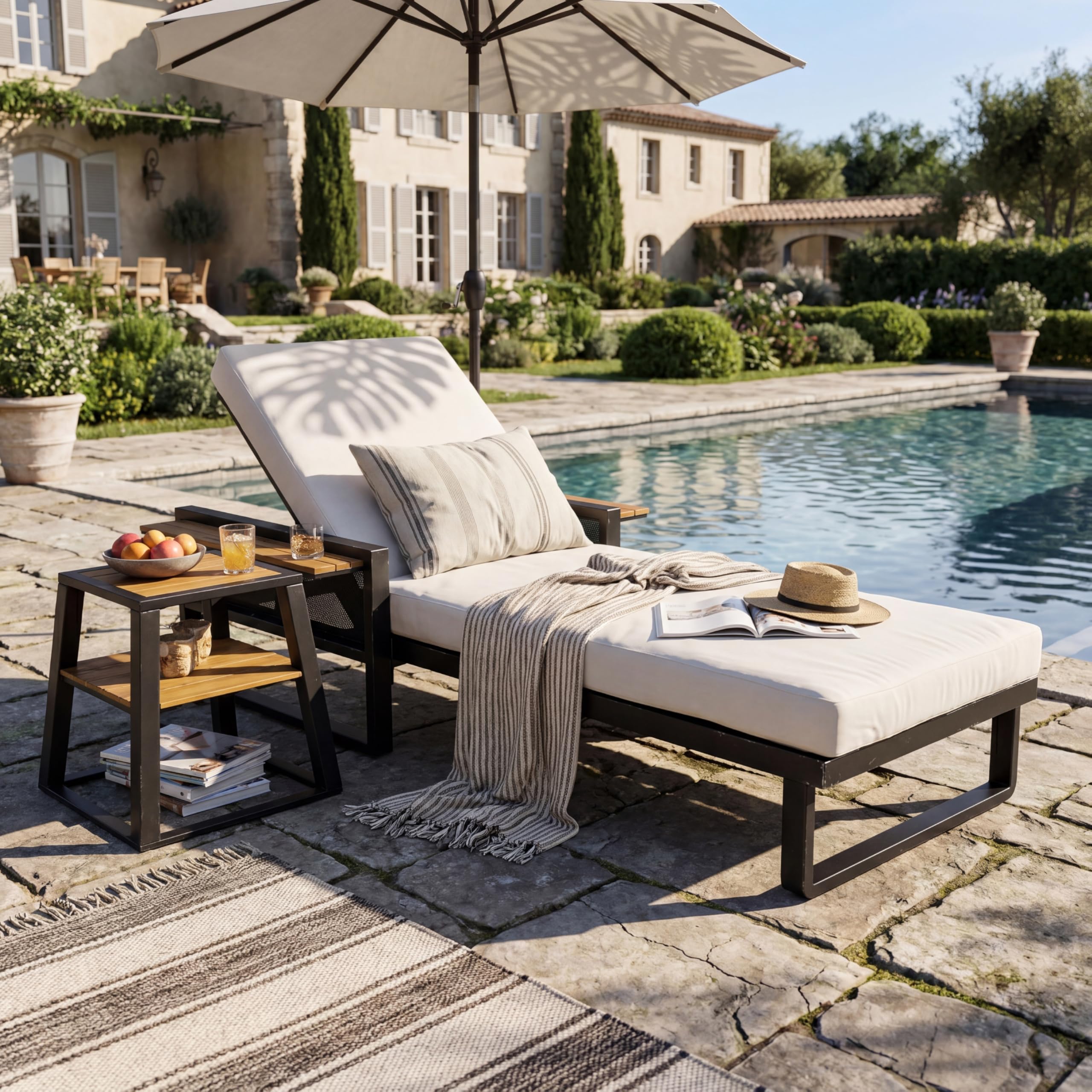 Outdoor Wicker Chaise Lounge Chairs Set of 2, 80'' Patio Rattan Reclining Chair w/Pull-Out Side Table &5-Level Adjustable Backrest Ergonomic Wave Design Pool Sunbathing Recliners, Gray